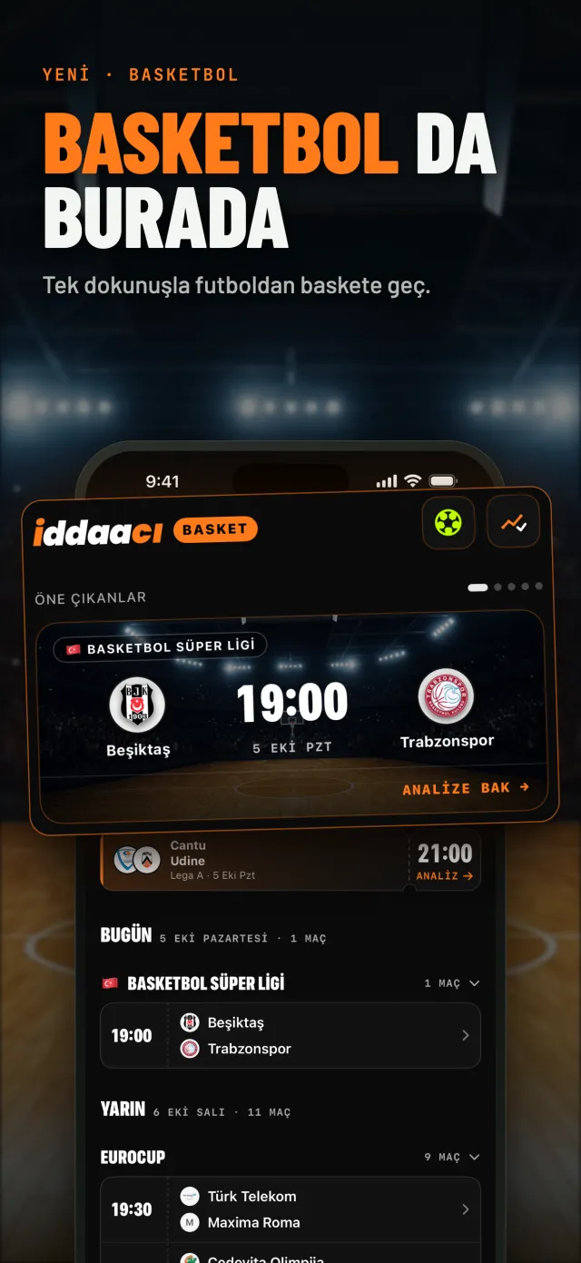 Uygulamanın basketbol ekranı: öne çıkan maç ve günün maç listesi